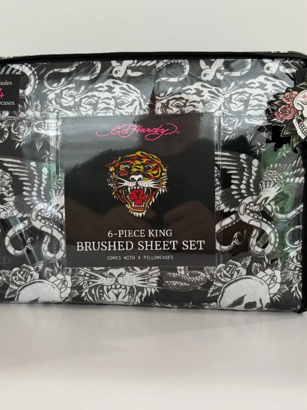 Ed Hardy King Sheet Set 6 Piece Double Brushed Black White Skull Tiger Tattoo
